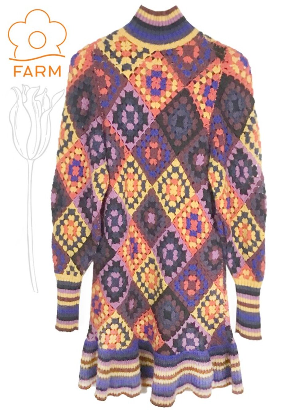 FARM Rio Crochet Diamond Granny Square Sweater Dress